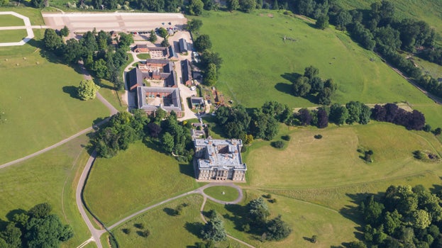 An aerial view of the House and Stableyards at Calke Abbey, Derbyshire